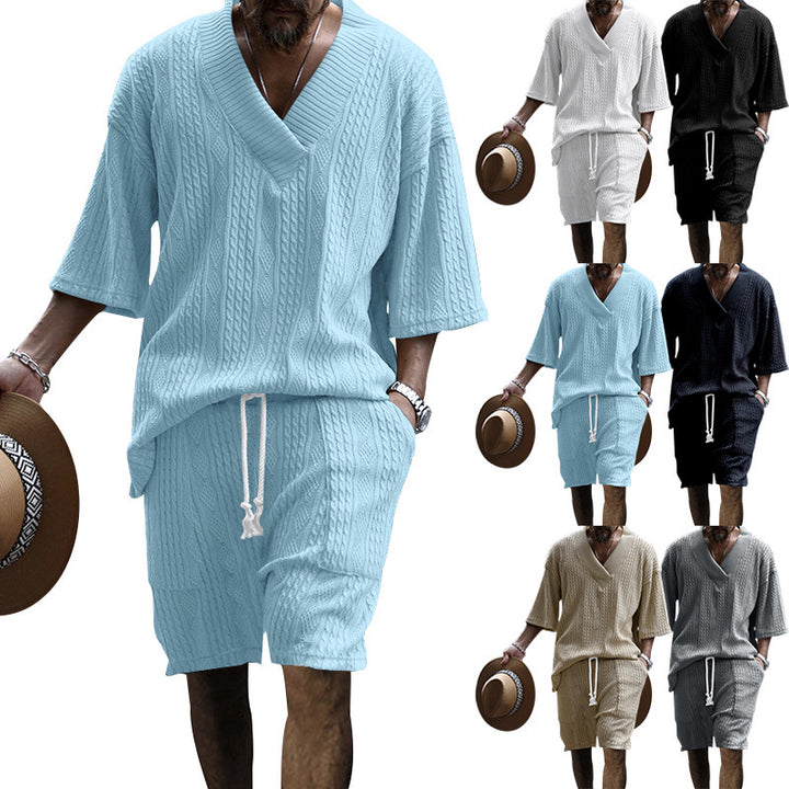 Herren nan lässiges Struktur-Strick-Set mit tiefem V-Ausschnitt kastigem Kurzarmpullover und Kordel-Shorts Drune