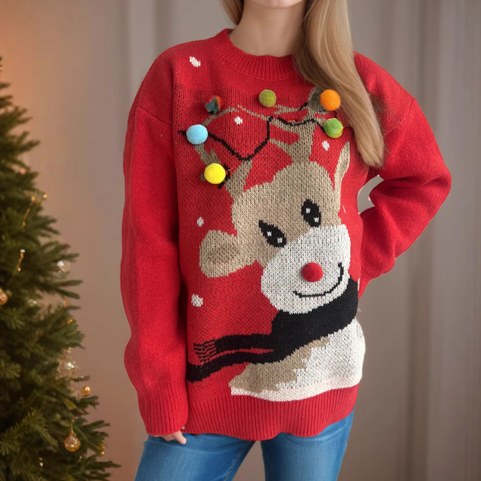 Damen weihnachtlicher Pullover mit einzigartigem Rentiermotiv und bunten Applikationen Drune
