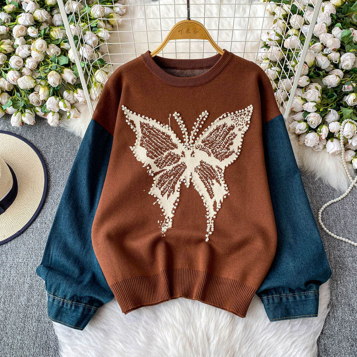 Damen Eleganter Pullover mit Schmetterlingsmotiv und Denim-Ärmeln Drune