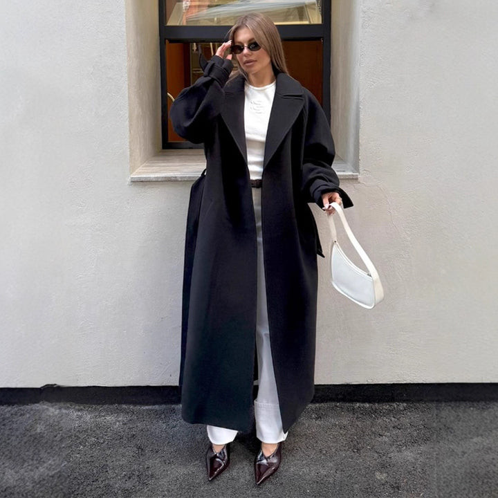 Damen Eleganter Wickelmantel mit breitem Kragen und Gürtel Drune