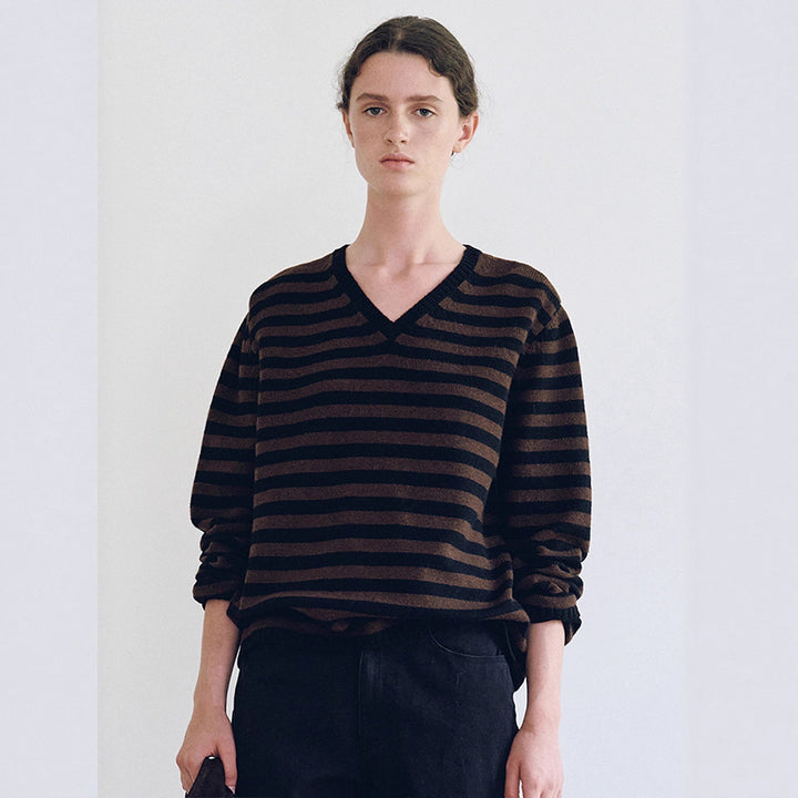 Damen V-Ausschnitt Pullover mit Streifenmuster Drune