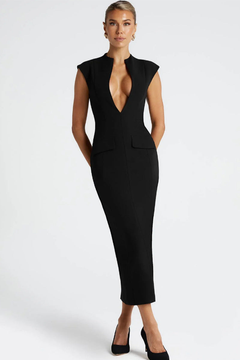 Damen elegantes Figurbetontes Kleid mit tiefem V-Ausschnitt und praktischen Taschen Drune