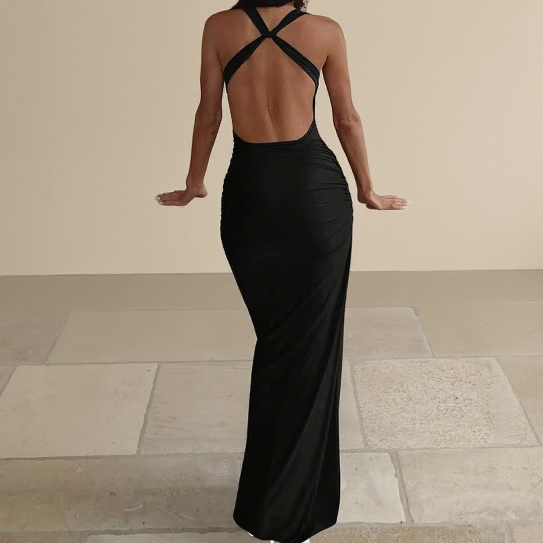 Damen Elegantes figurbetontes Abendkleid mit drapiertem Oberteil und goldenen Trägern Drune