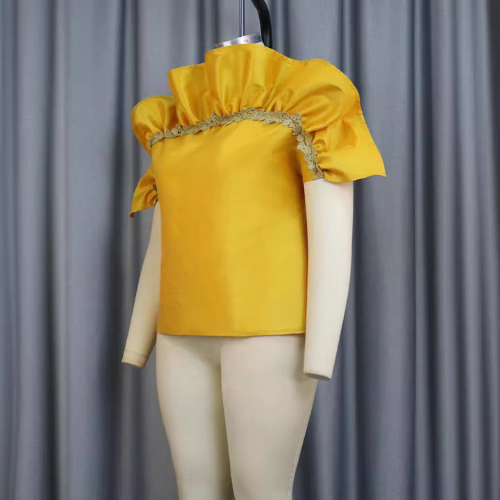 Damen elegantes Blusenshirt mit voluminösen Puffärmeln und dekorativem Spitzenrand Drune