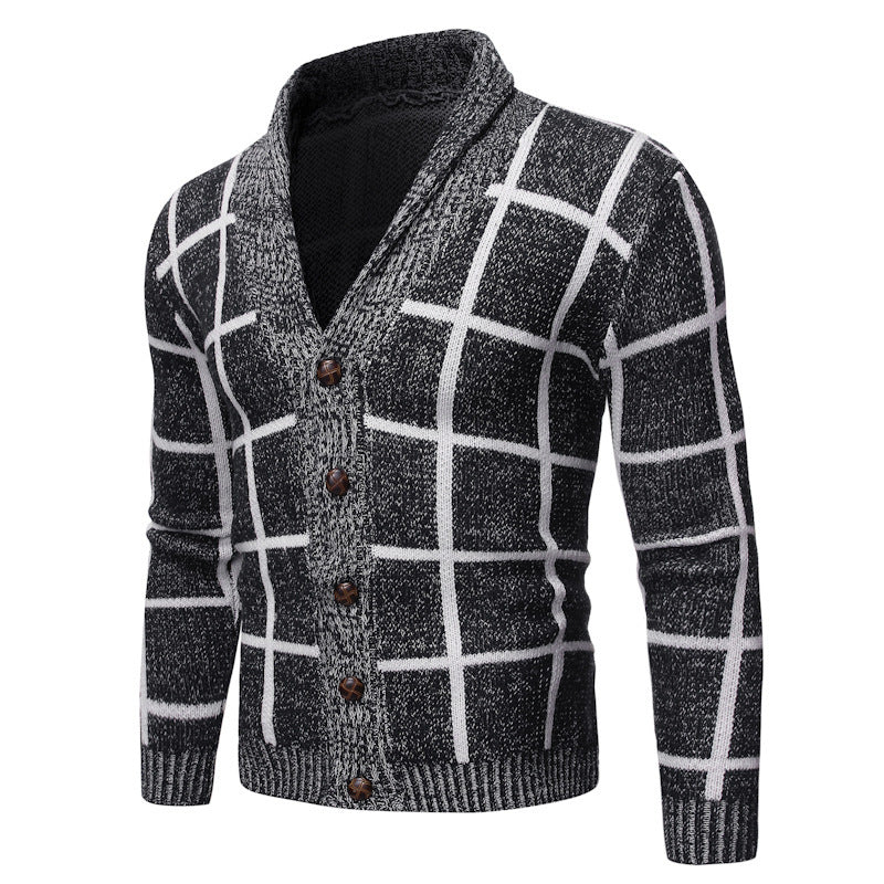Herren modische Strickjacke mit V-Ausschnitt und modernem Karomuster Drune