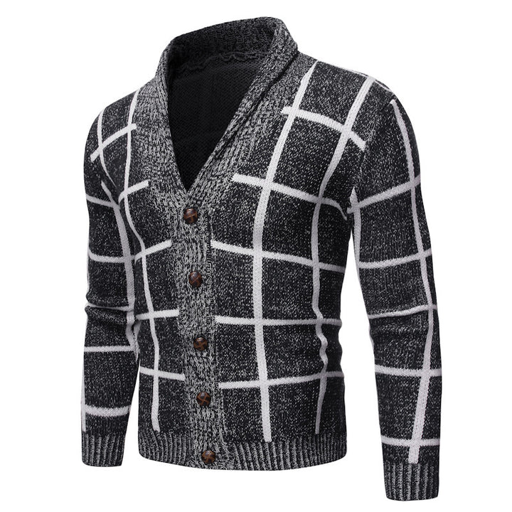 Herren modische Strickjacke mit V-Ausschnitt und modernem Karomuster Drune