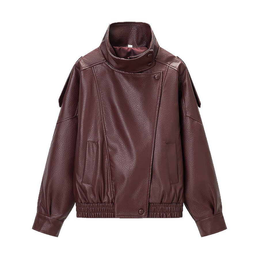 Damen modische Kunstlederjacke mit hohem Kragen und praktischen Taschen Drune