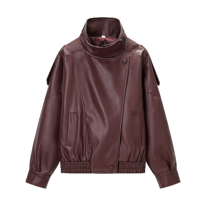 Damen modische Kunstlederjacke mit hohem Kragen und praktischen Taschen Drune