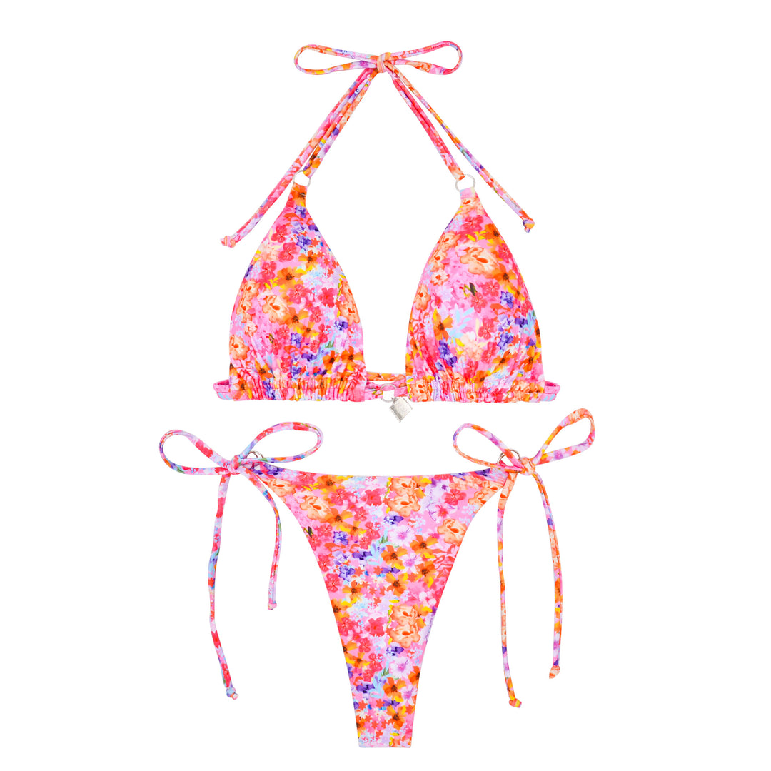 Damen Triangel-Bikini mit verspielten Bindebändern und Blumenmuster Drune