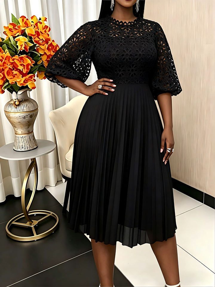 Damen elegantes Midikleid mit Spitzenoberteil und plissiertem Rock Drune