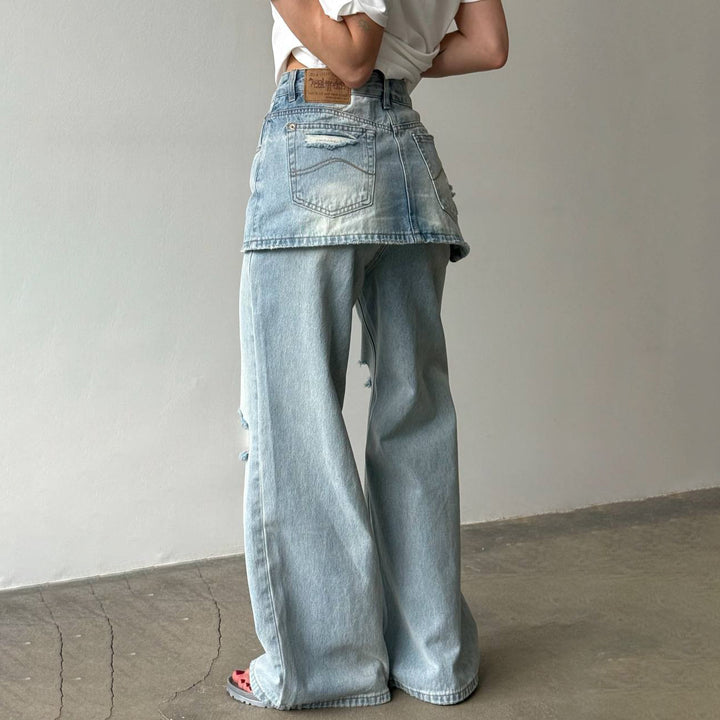 Damen Lässige Destroyed Jeans mit asymmetrischem Schnitt und weit geschnittenem Bein Drune