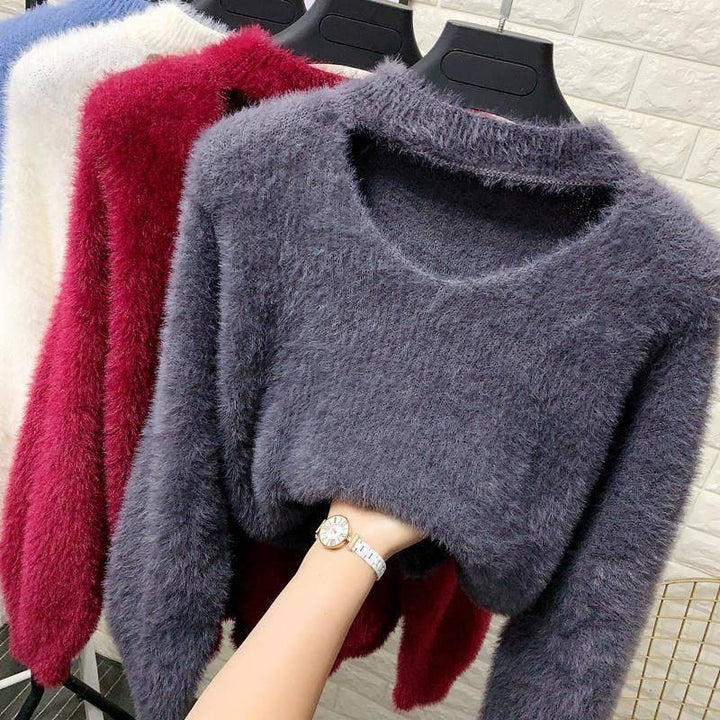 Damen kuscheliger V-Ausschnitt Pullover mit hohem Kragen Drune
