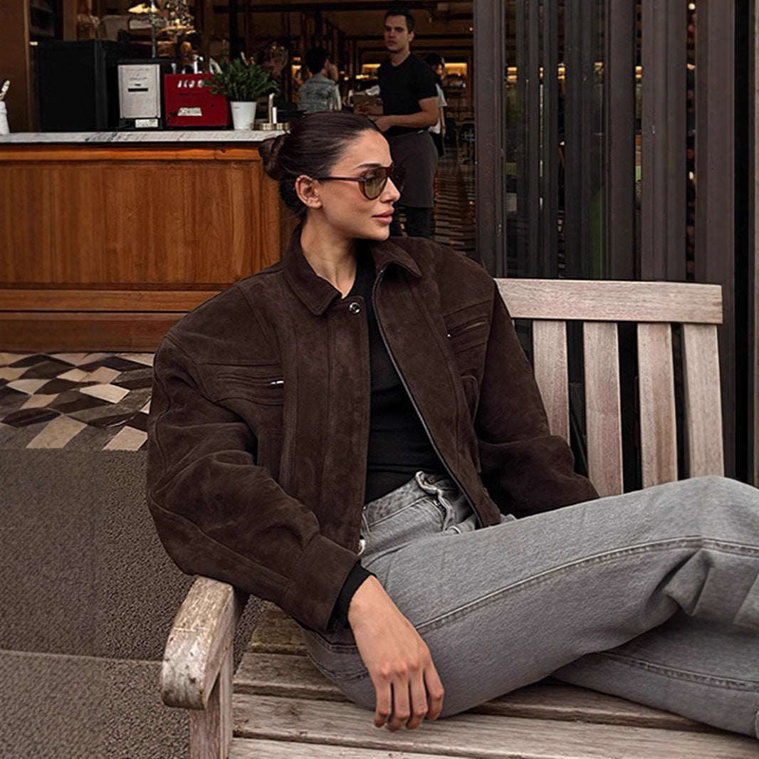Damen modische Suede-Bomberjacke mit voluminösen Ärmeln Drune