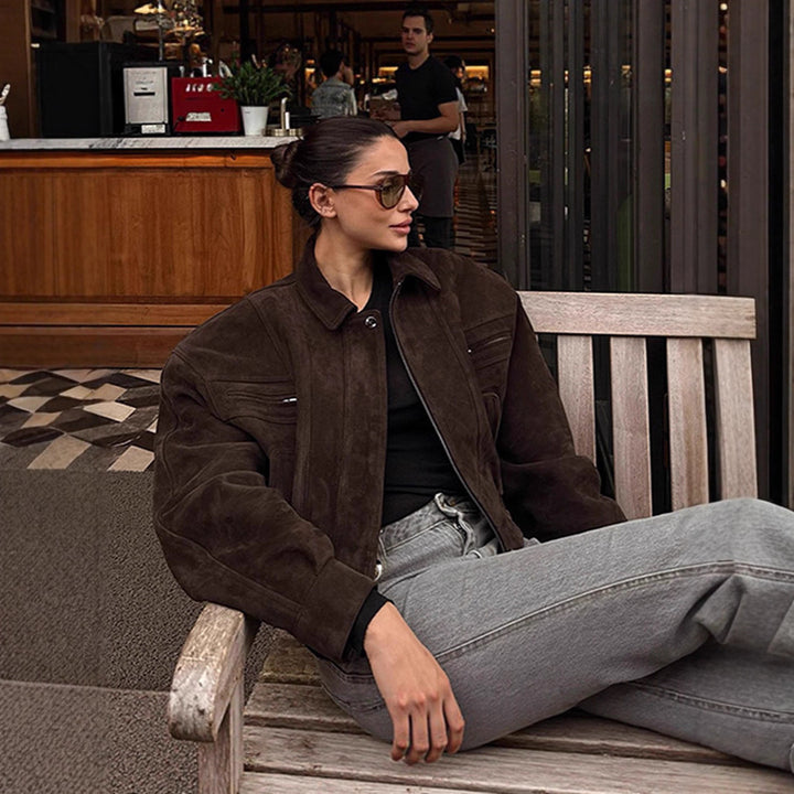 Damen modische Suede-Bomberjacke mit voluminösen Ärmeln Drune