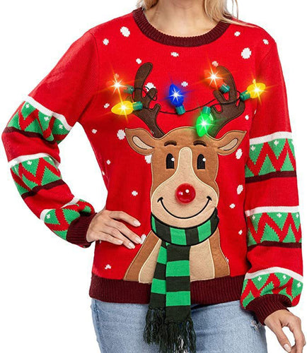 Damen nan weihnachtlicher Strickpullover mit Rentierapplikation integrierter Lichterkette und dreidimensionalem Nasenpompom Drune