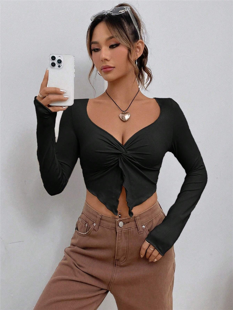 Damen figurbetontes Langarmshirt mit trendy Knotendetail Drune