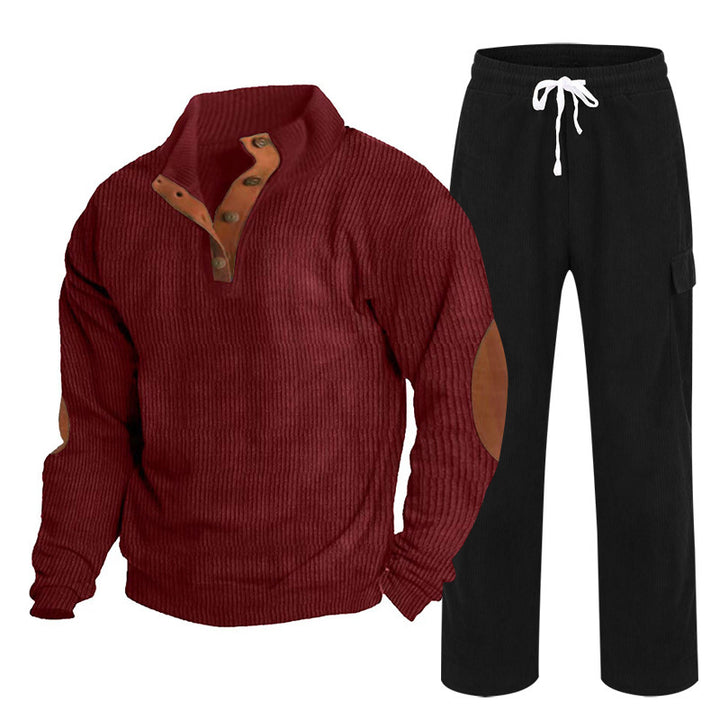 Herren nan Strick-Freizeitset mit Knopfleiste und Ellenbogenaufnähern sowie Cord-Cargohose Drune
