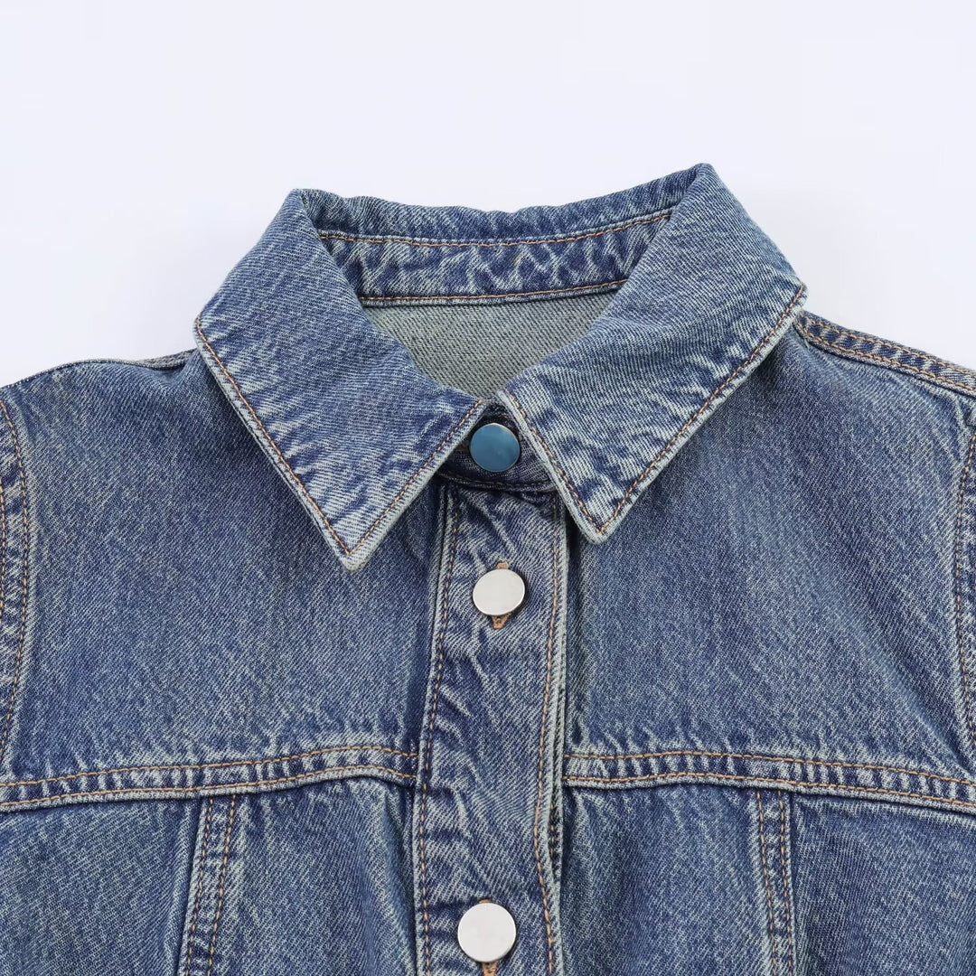 Damen Jeanskleid mit Taillengürtel und Kurzarm Drune