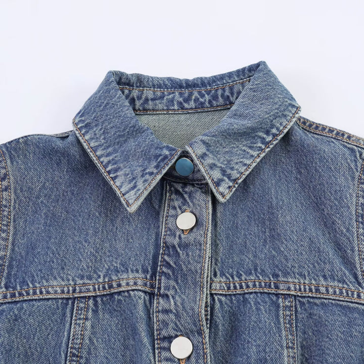 Damen Jeanskleid mit Taillengürtel und Kurzarm Drune