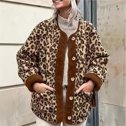 Damen warme Leopardenmuster Jacke Drune
