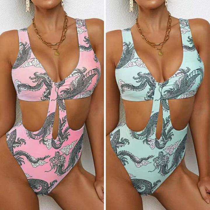 Damen Cut-Out Badeanzug mit elegantem V-Ausschnitt und grafischem Drachenmuster Drune