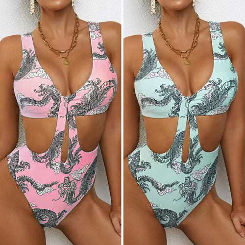 Damen Cut-Out Badeanzug mit elegantem V-Ausschnitt und grafischem Drachenmuster Drune