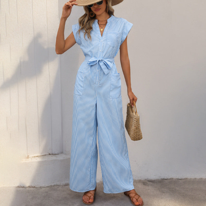 Damen Jumpsuit mit taillierbarem Gurt und modischem Streifenmuster Drune