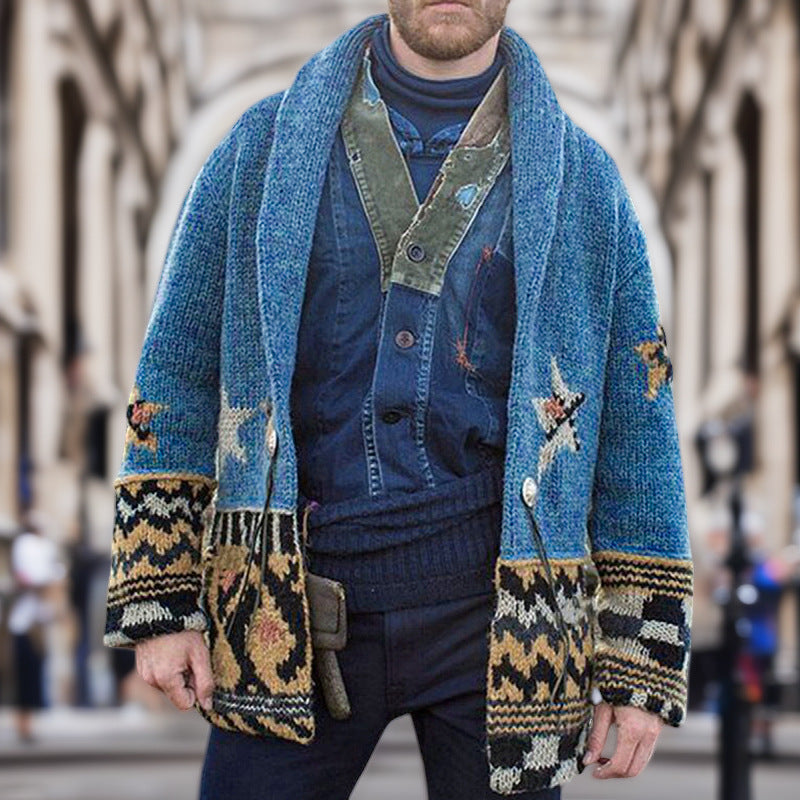 Herren Strickjacke mit einzigartigen Mustern und großer Kapuze Drune