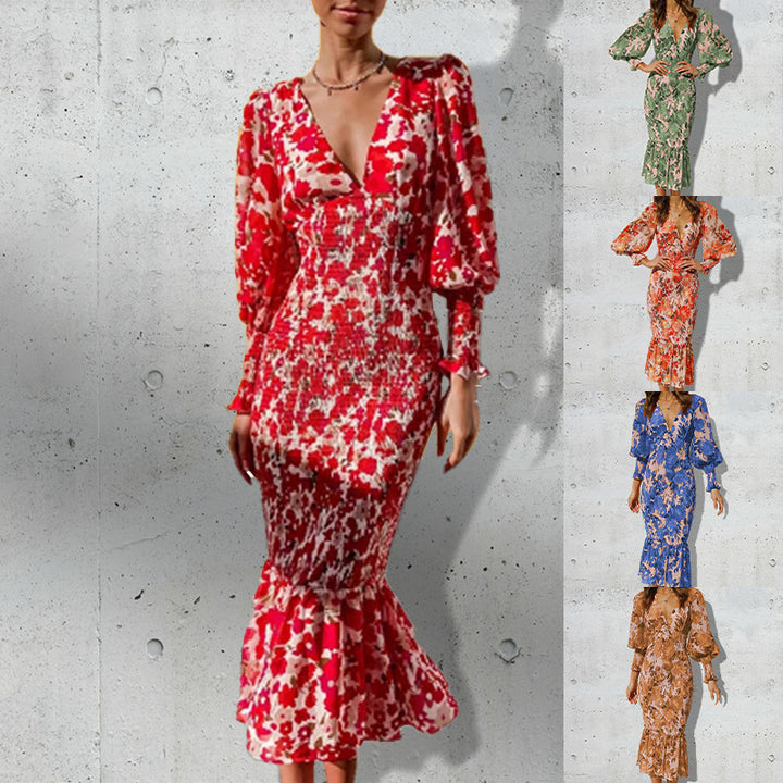 Damen Blütenmuster Kleid mit voluminösen Ärmeln Drune