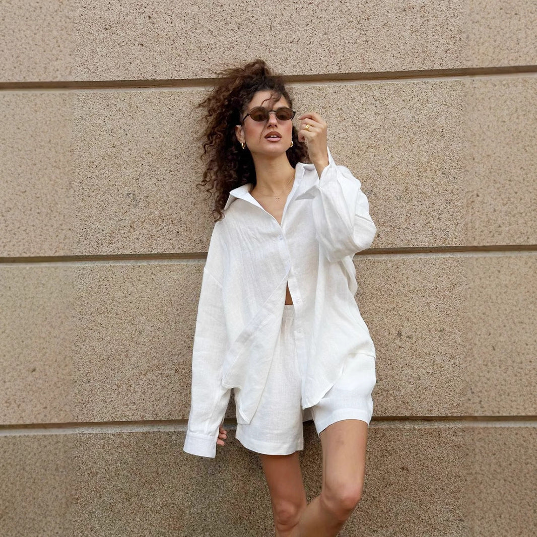 Damen lässige Leinenbluse und Shorts Set Drune