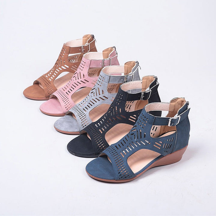 Damen Keil-Sandalen mit modischem Lochdesign und verstellbarem Riemen Drune