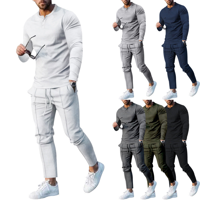 Herren athletisches Freizeit-Ensemble mit langärmligem Henley-Oberteil und bequemen Jogginghosen Drune
