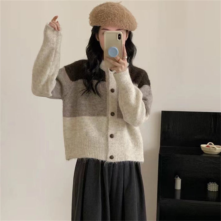 Damen Gemütlicher Strickcardigan mit Knopfverschluss und kontrastierenden Farbstreifen Drune