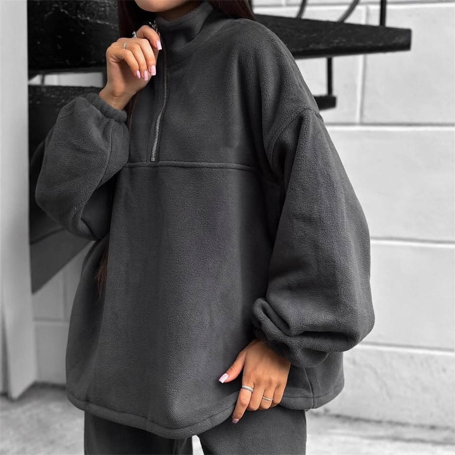Damen Gemütlicher Fleece-Jogginganzug mit hohem Kragen Drune