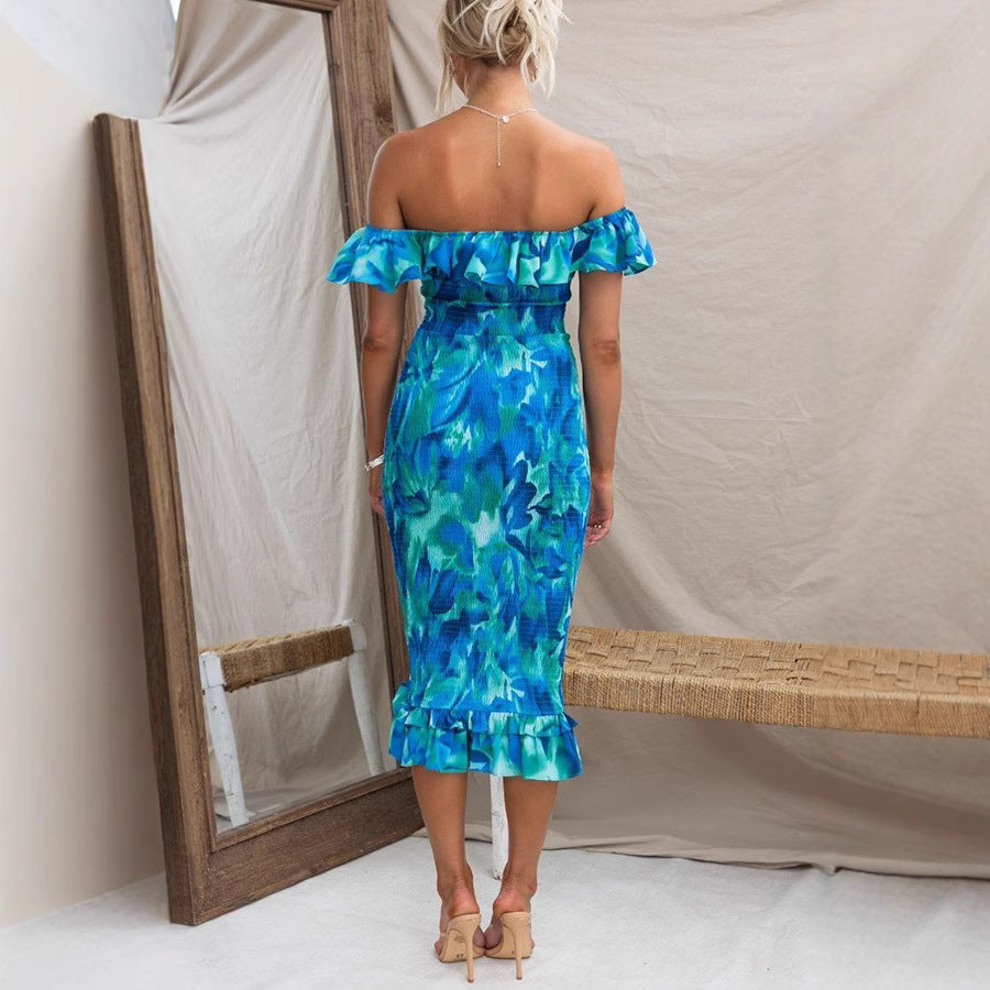 Damen Off-Shoulder Kleid mit Rüschen und figurbetonter Passform Drune