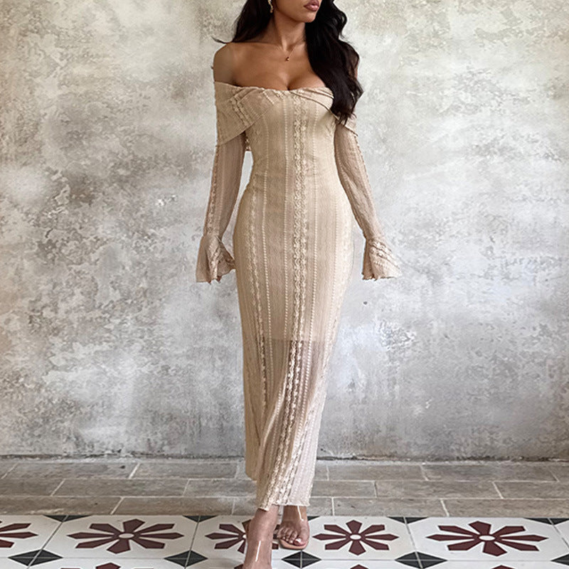 Damen elegantes Off-Shoulder-Kleid mit figurformendem Design und knie-langer Länge Drune