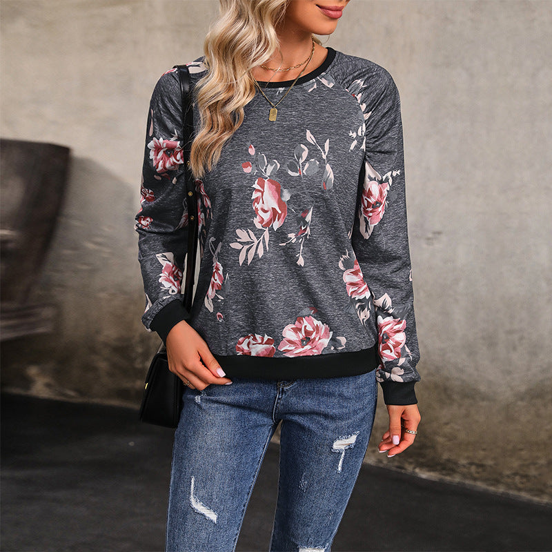 Damen Sweatshirt mit Blumenmuster und Knopfdetails Drune