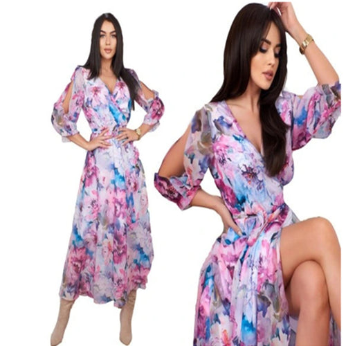 Damen Maxikleid mit schulterfreien Ärmeln und floralem Design Drune