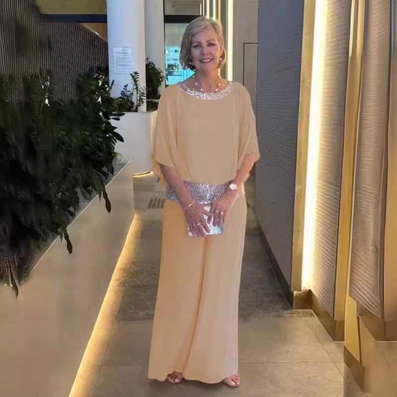 Damen festliches Abendkleid mit funkelndem Oberteil und schwingendem Saum Drune