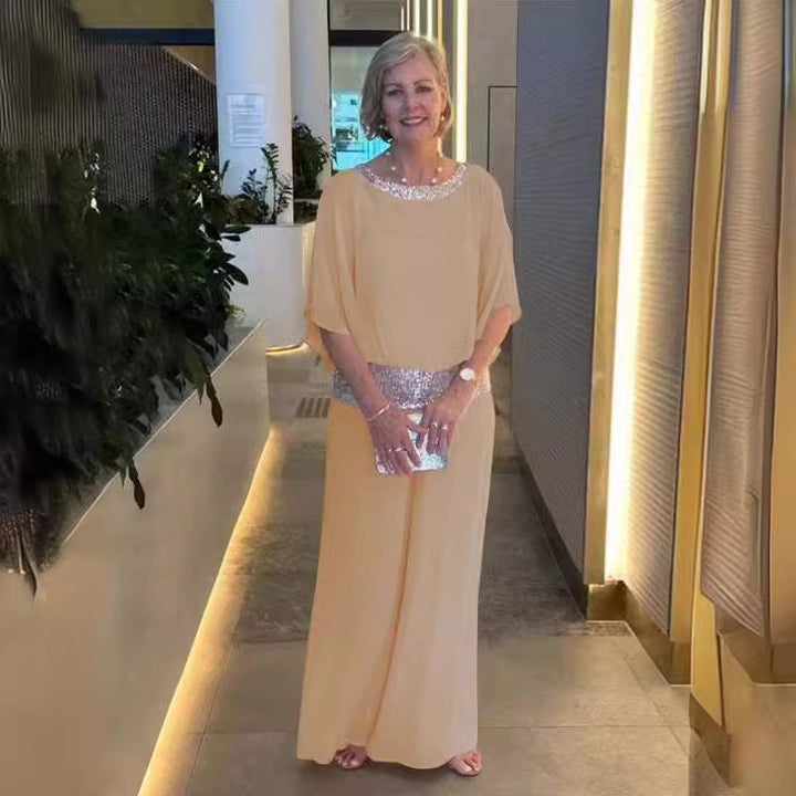 Damen festliches Abendkleid mit funkelndem Oberteil und schwingendem Saum Drune