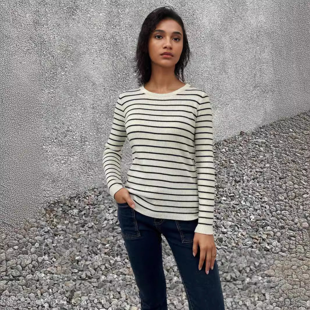 Damen Rippenpullover mit gestreiftem Design und verlängerten Ärmeln Drune