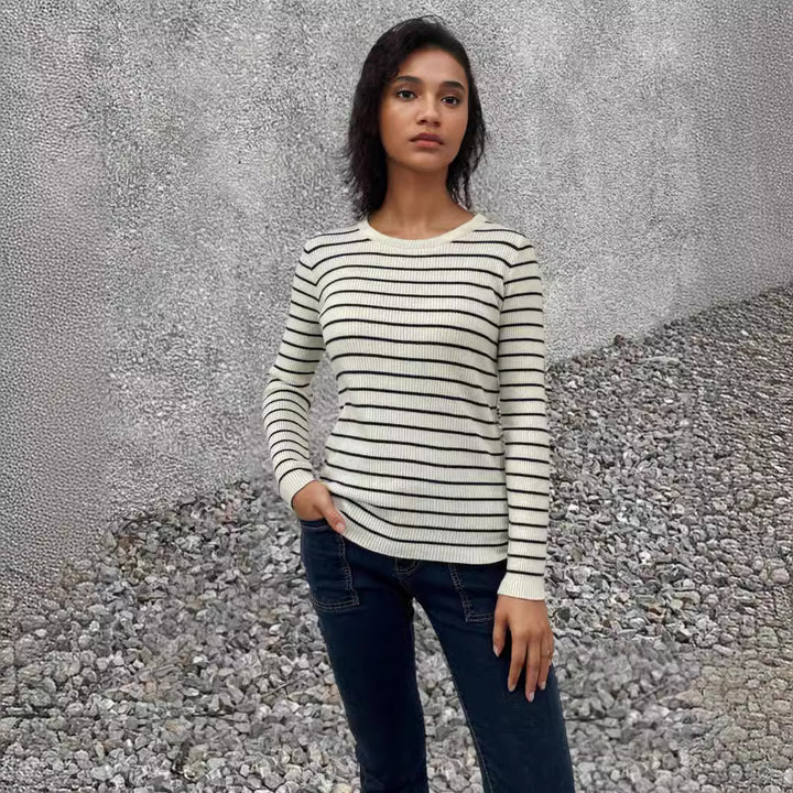 Damen Rippenpullover mit gestreiftem Design und verlängerten Ärmeln Drune