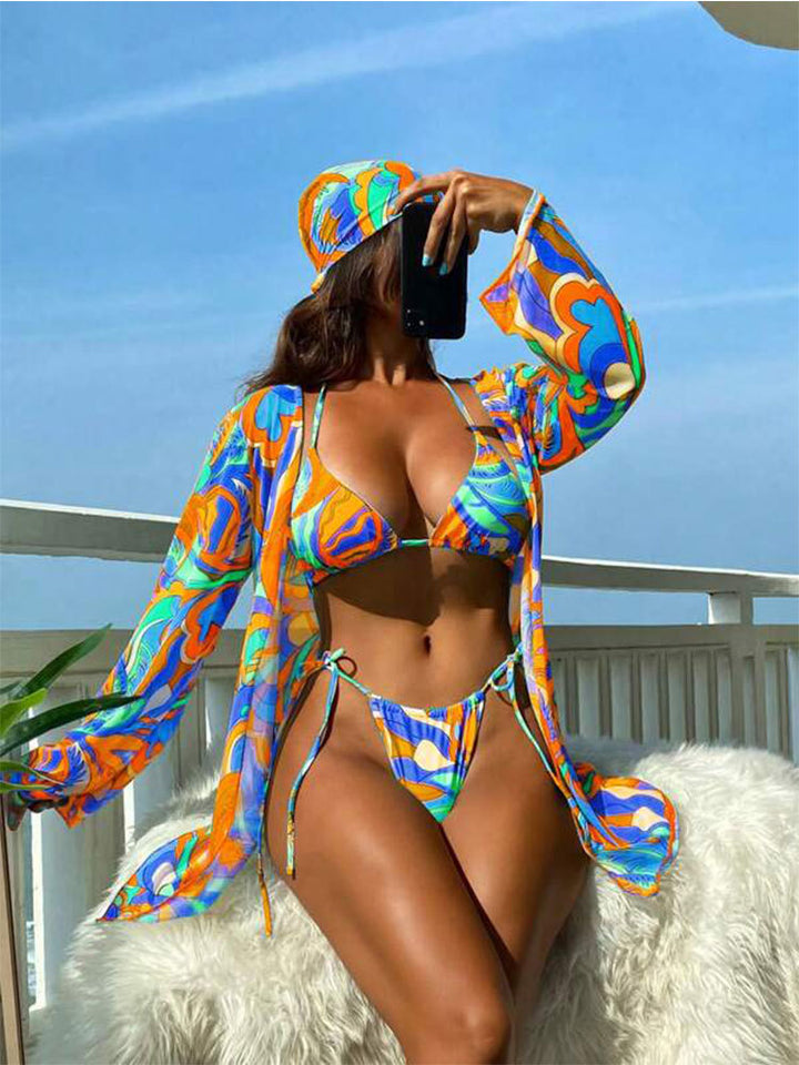 Damen Bunt bedruckter Bikini mit langem Cover-Up Drune