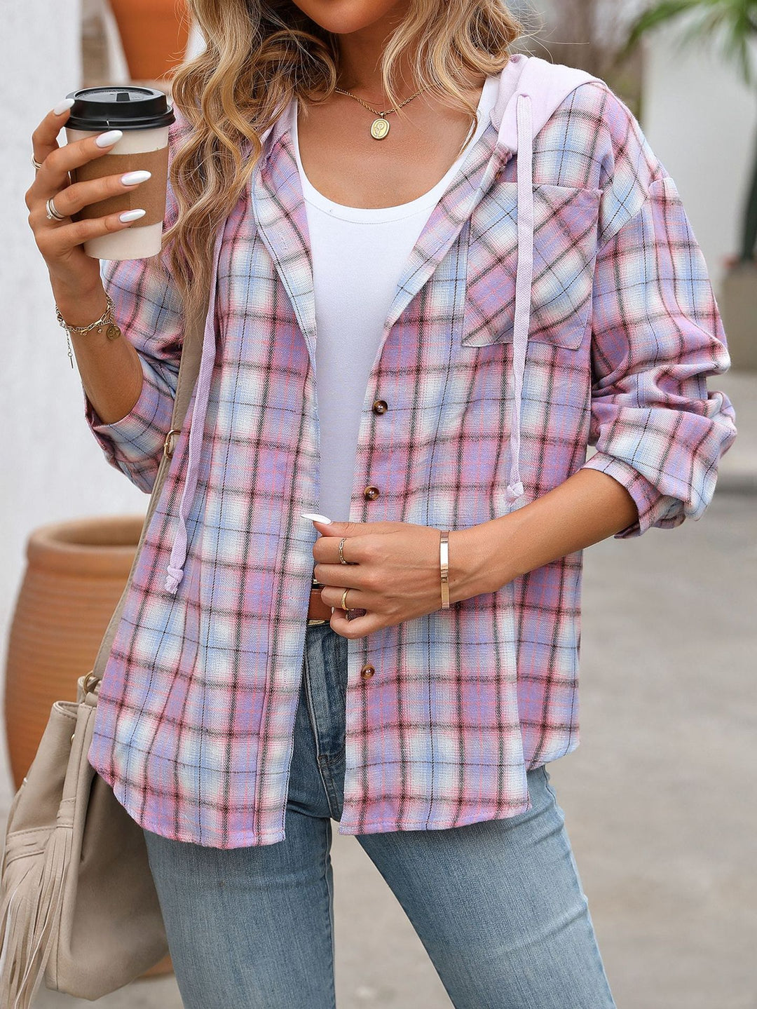 Damen lässige Flanelljacke mit Kapuze Drune