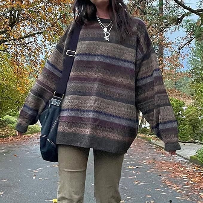 Damen kuscheliger Oversized-Pullover mit buntem Streifenmuster und weiten Ärmeln Drune