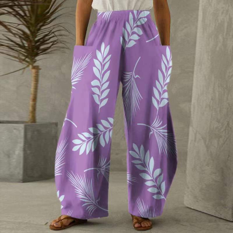 Damen Weite Blumen-Hosen mit Taschen und elastischem Bund Drune