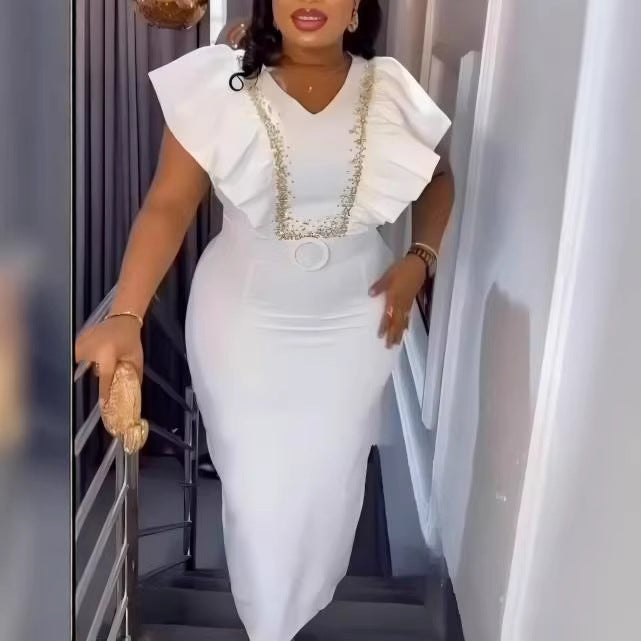 Damen Elegantes Maxikleid mit dekorativen Rüschen und schimmerndem Gürtel Drune