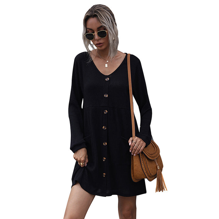 Damen lässiges Strickkleid mit Knopfleiste und Taschen Drune