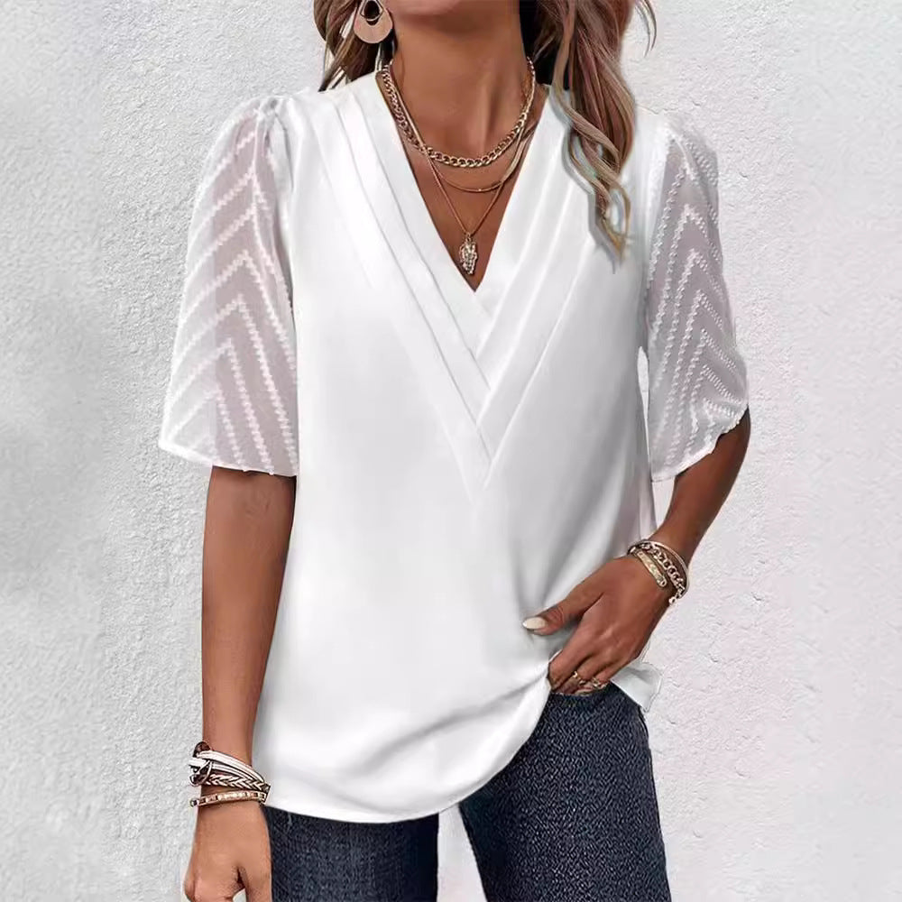 Damen nan elegantes Chiffon-Oberteil mit plissierter V-Passe und transparenten Zickzackärmeln Drune