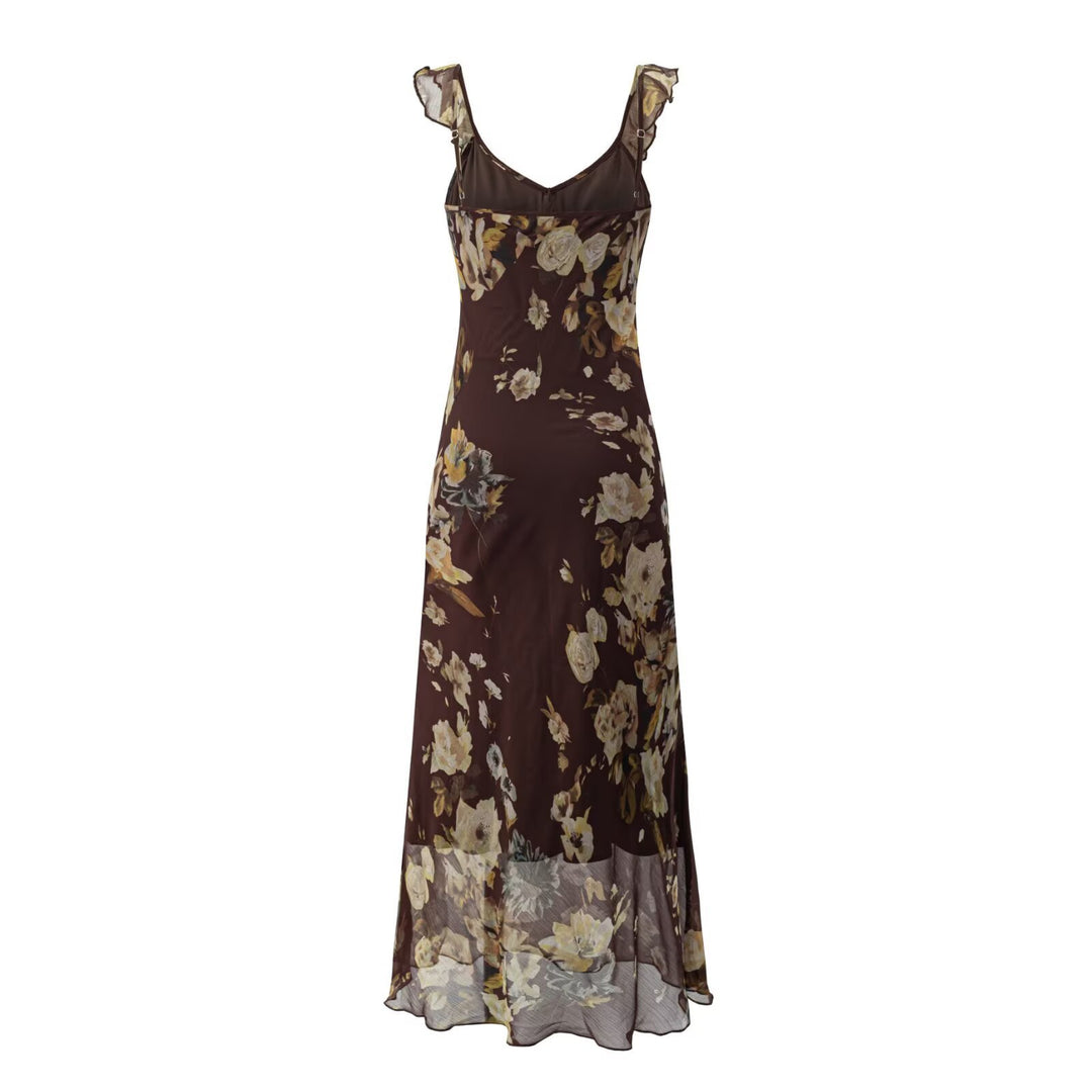 Damen Maxikleid mit zarten Rüschendetails und floralem Muster Drune